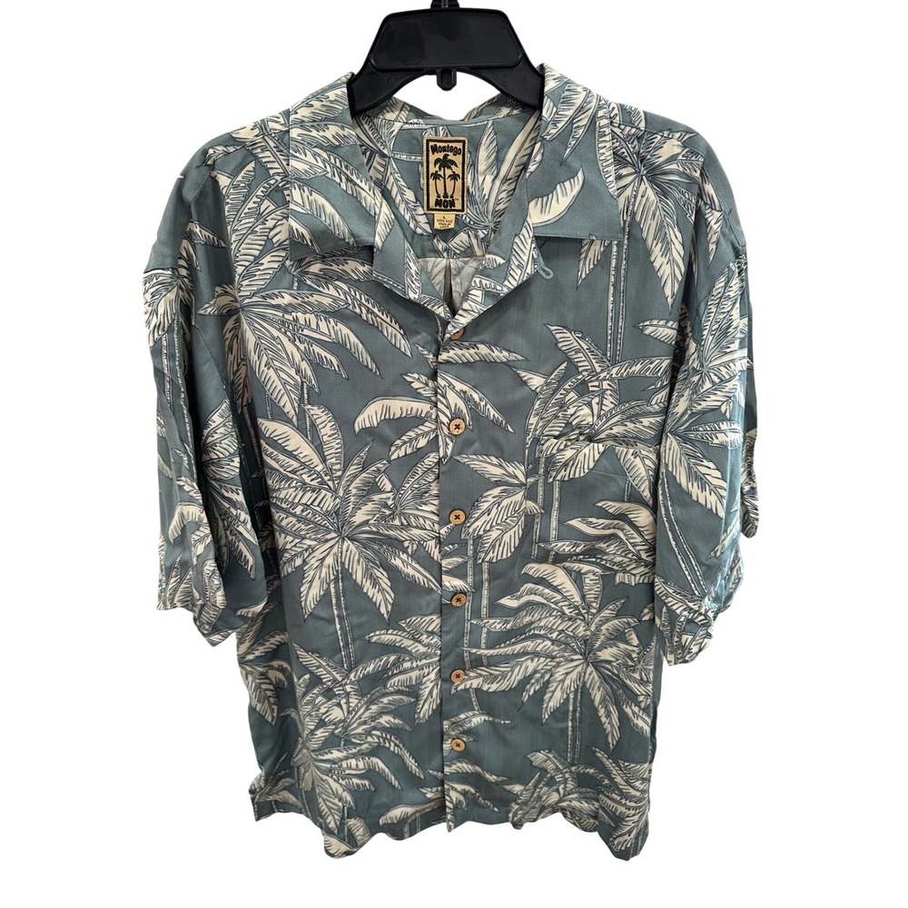 Montego‎ Mens Tropical Palm Tree Silk Button Up Shirt Size Large